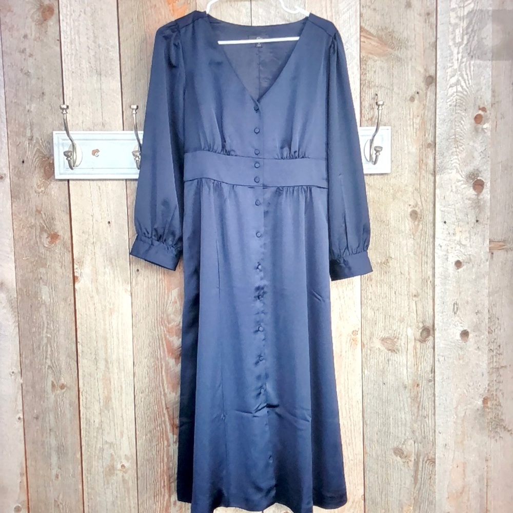 J. Crew silky button front v neck midi dress blue navy